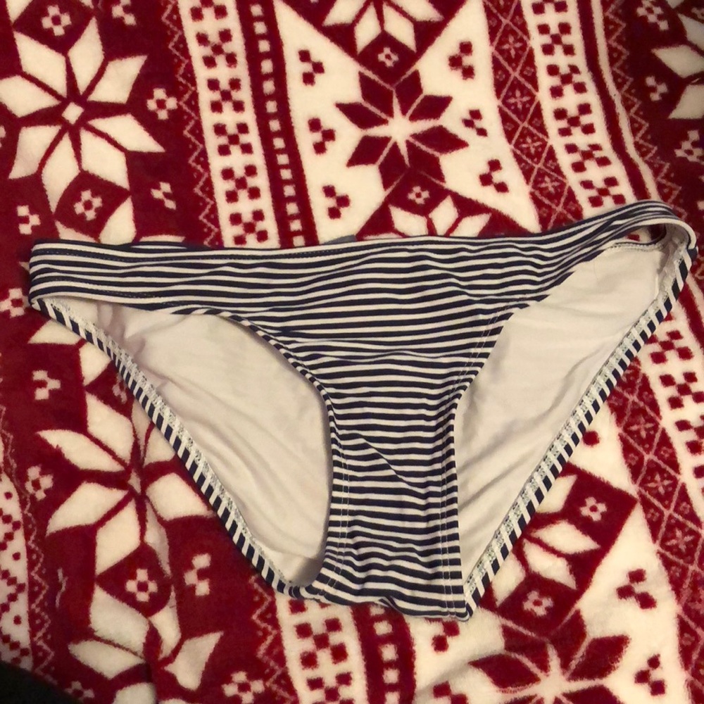 Navy blue and white stripe bikini bottoms.